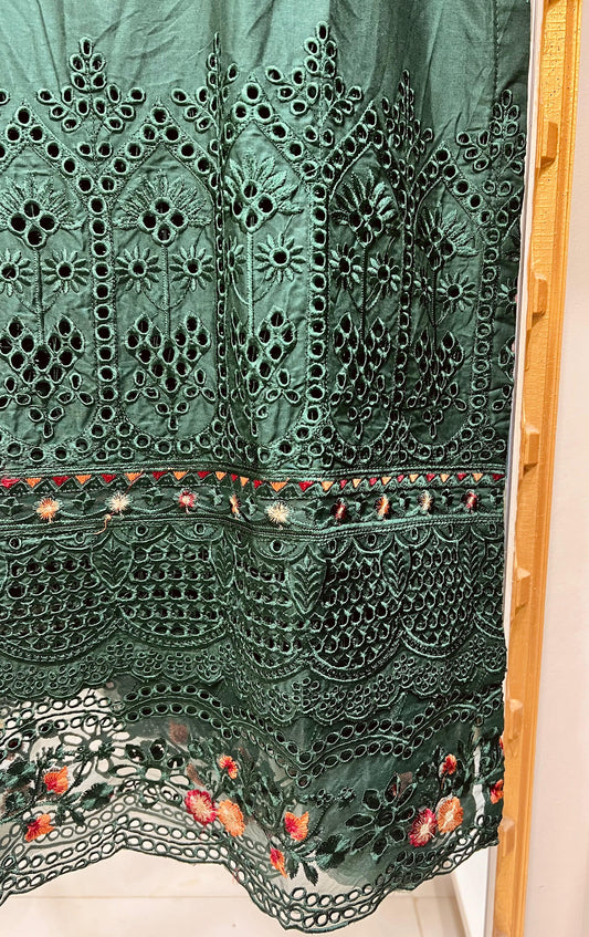 Elaya Green– Embroidered Cotton 3-Piece Suit with Chiffon Dupatta