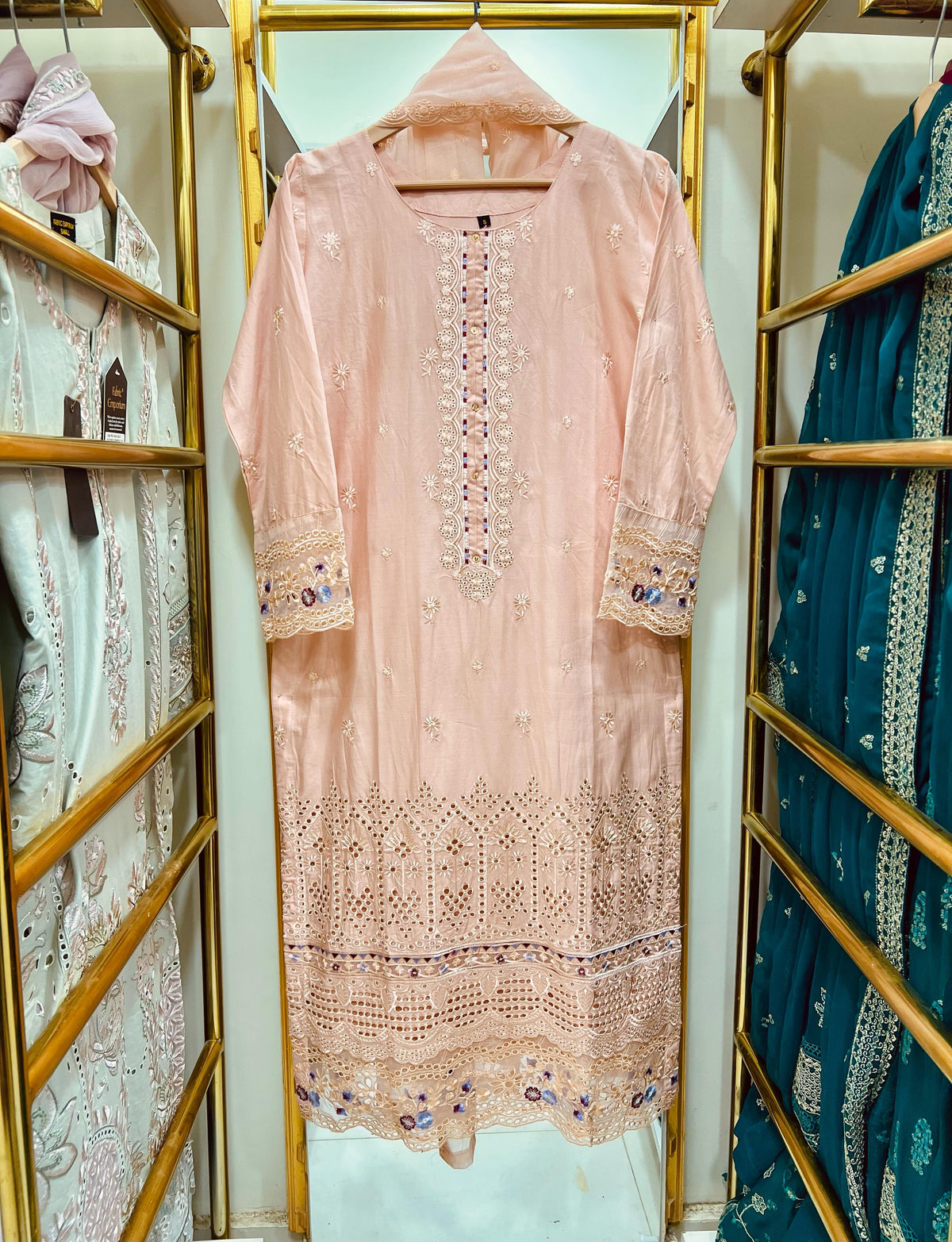 Elaya Peach– Embroidered Cotton 3-Piece Suit with Chiffon Dupatta