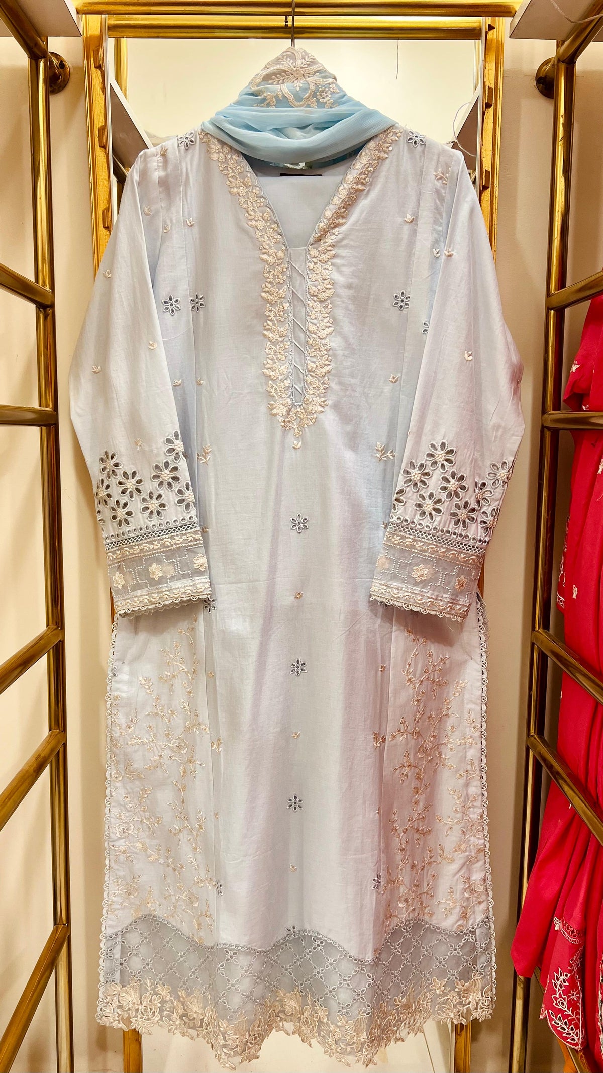 Zaria Mist Sky – Embroidered Cotton 3-Piece Suit with Chiffon Dupatta