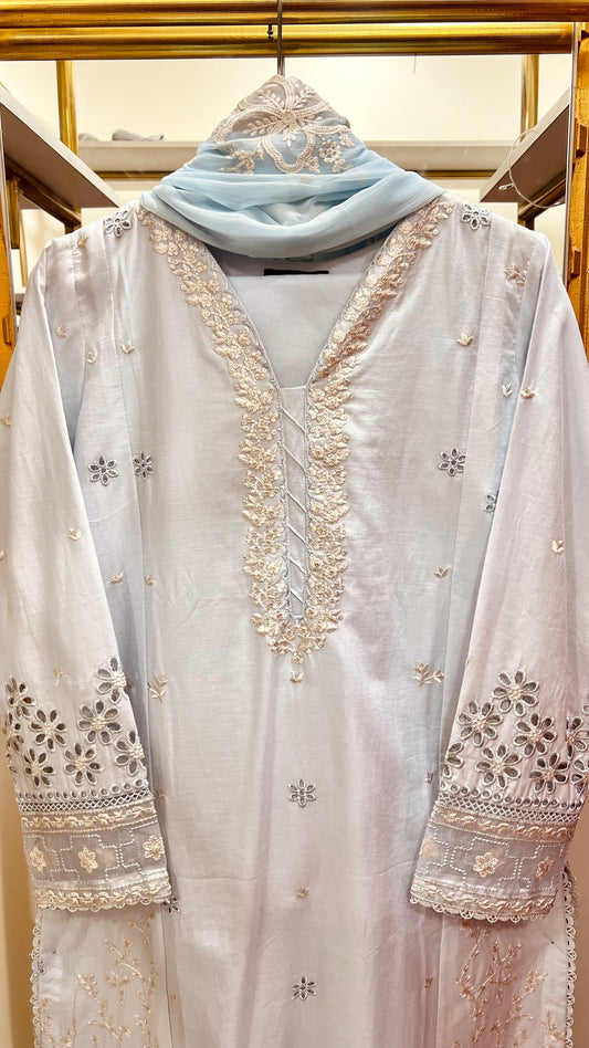 Zaria Mist Sky – Embroidered Cotton 3-Piece Suit with Chiffon Dupatta