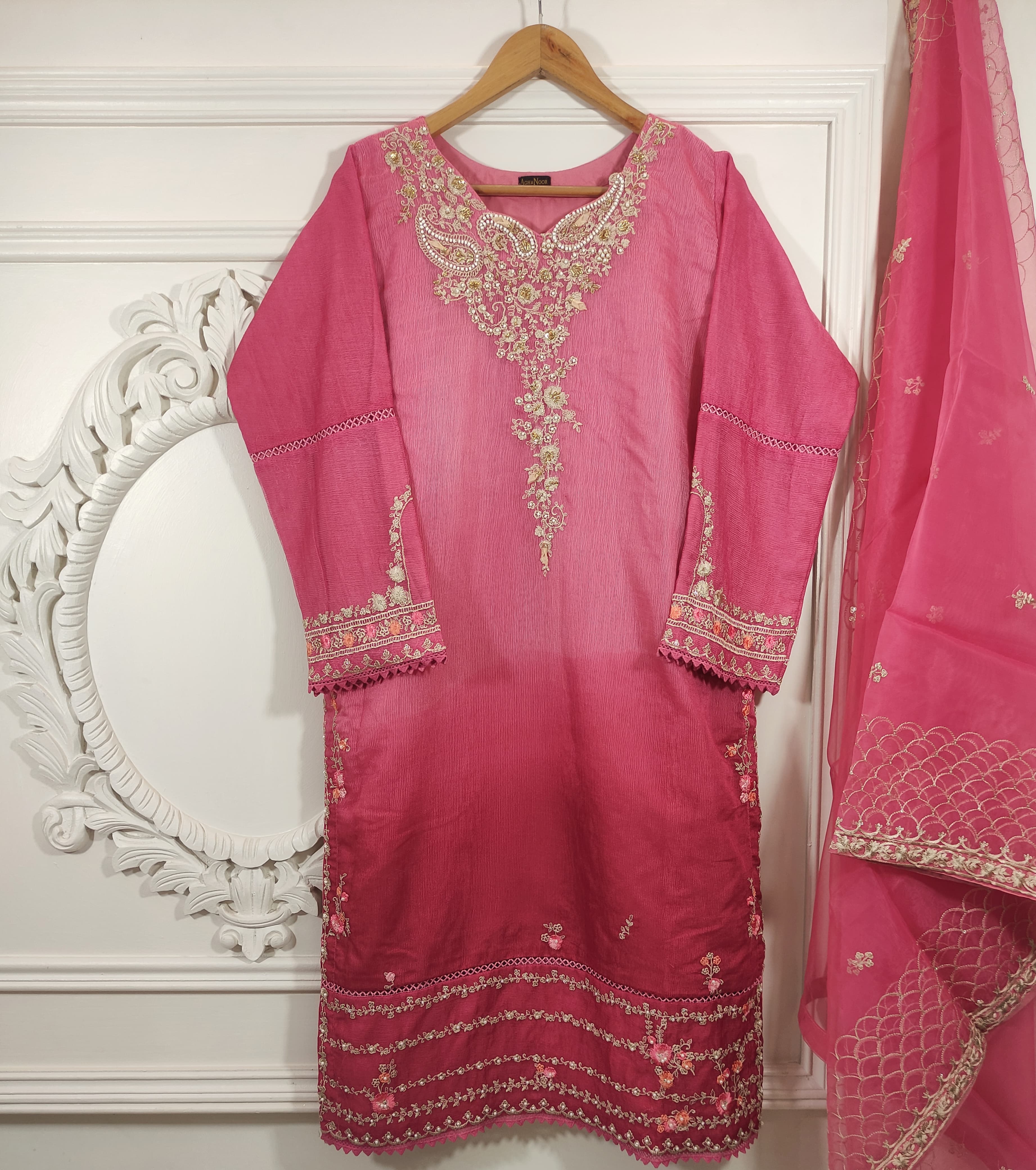 2Pcs Embroidered Cotton Net Suit – Shirt + Dupatta