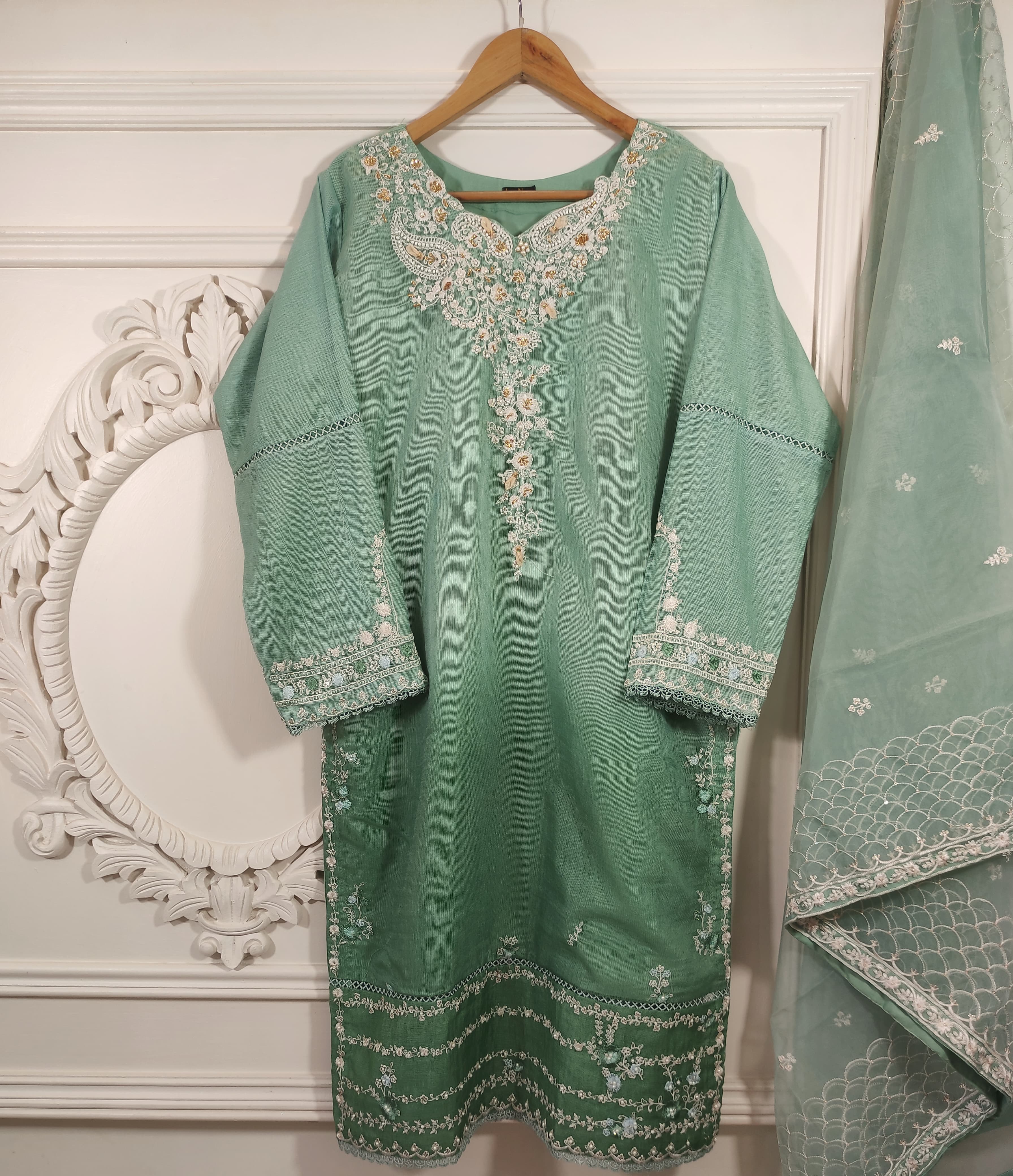 2Pcs Embroidered Cotton Net Suit – Shirt + Dupatta