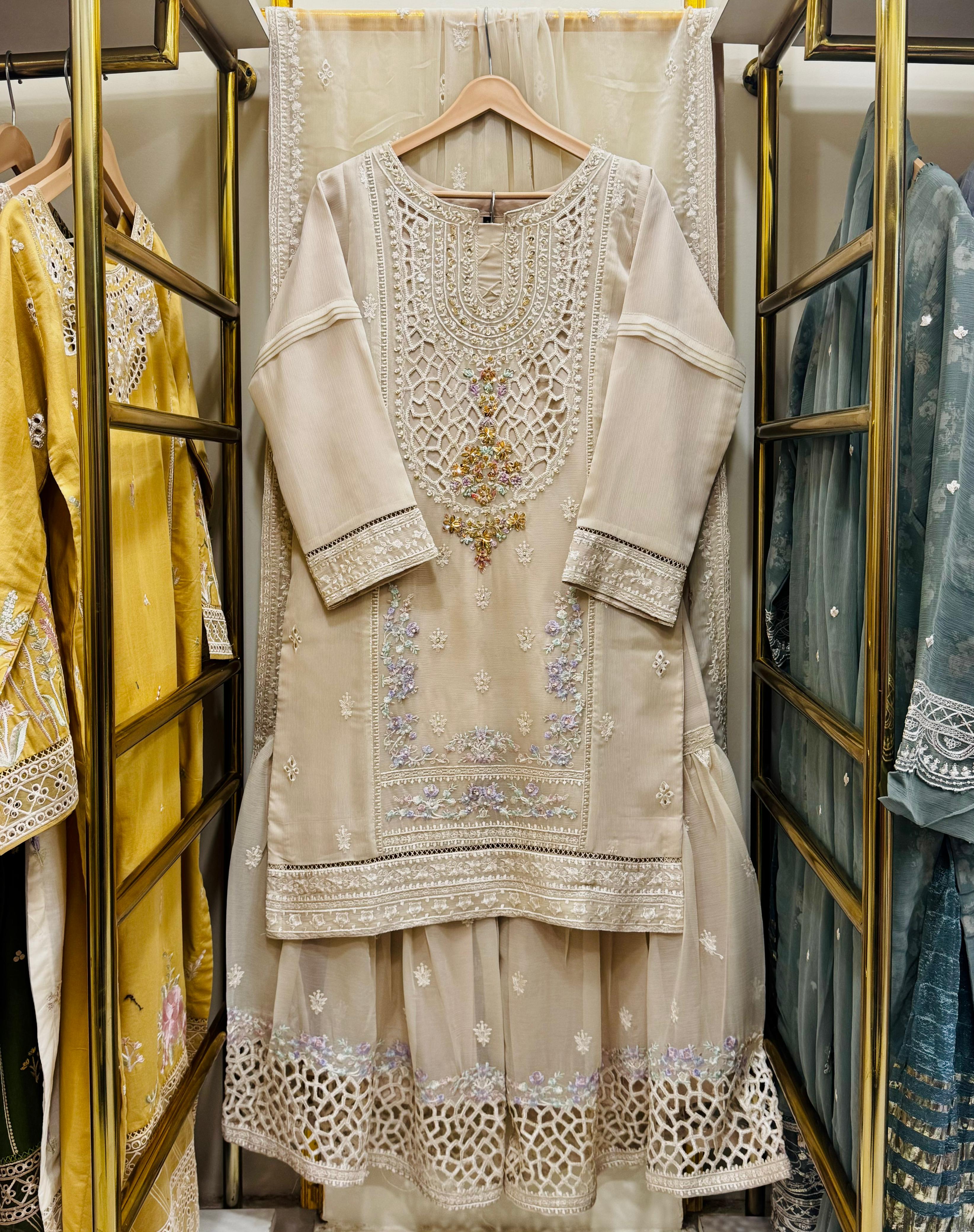 3-Piece Embroidered Gharara | Timeless Luxury