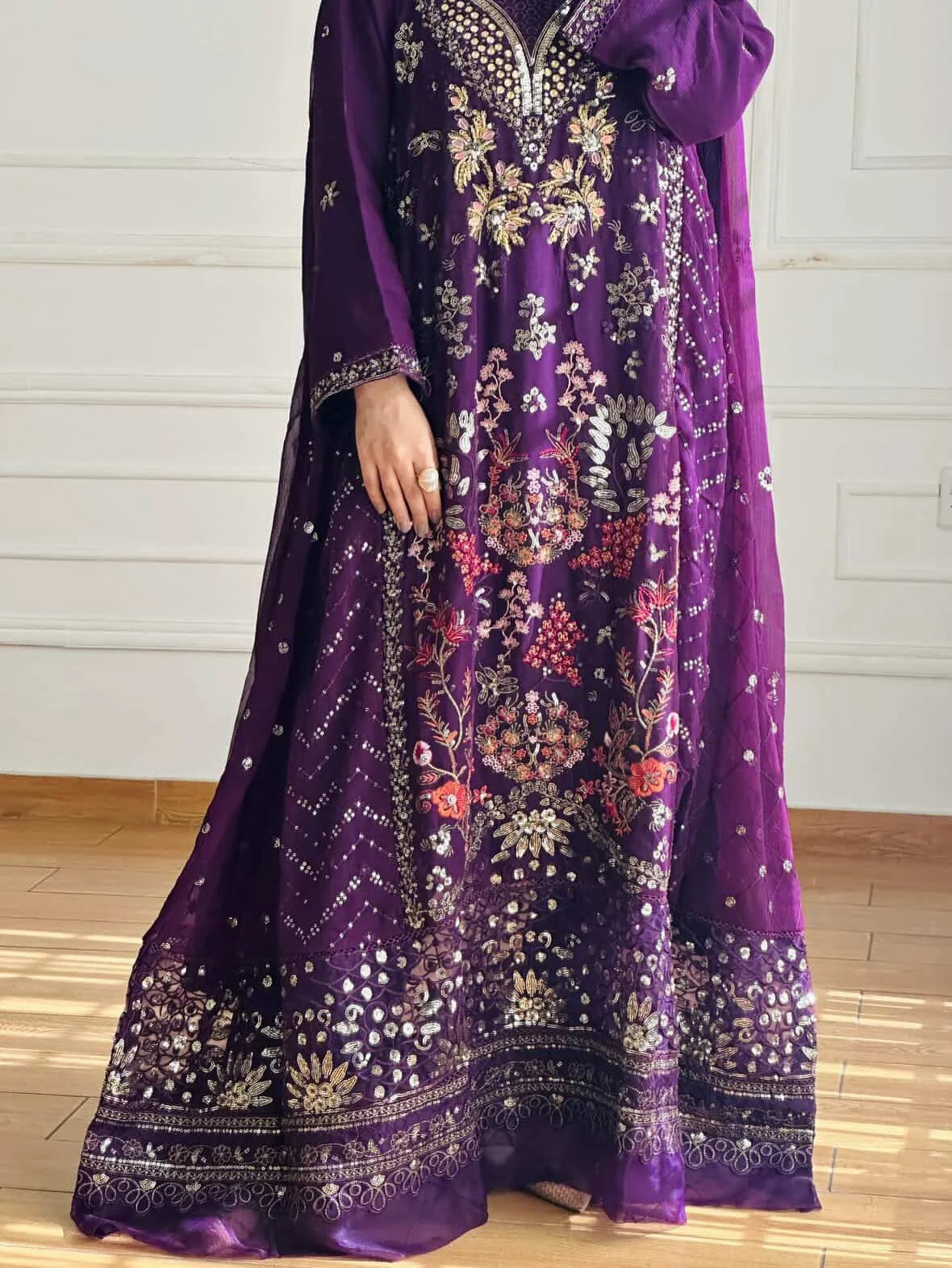 Luxury Purple Embroidered Formal Gown with Dupatta – Festive Wedding Wear