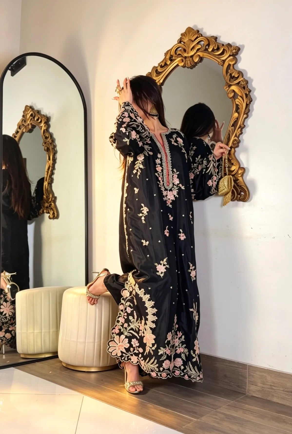 Black embroidered raw silk kaftan front view
