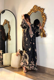 Black embroidered raw silk kaftan front view
