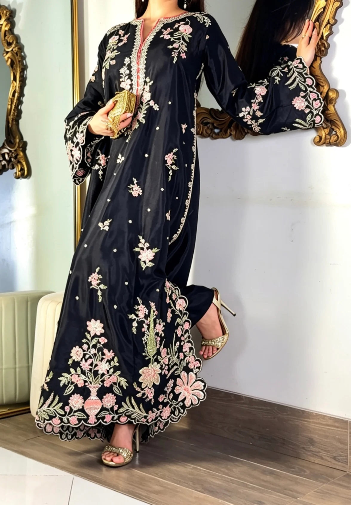 Black raw silk kaftan shirt and trouser set
