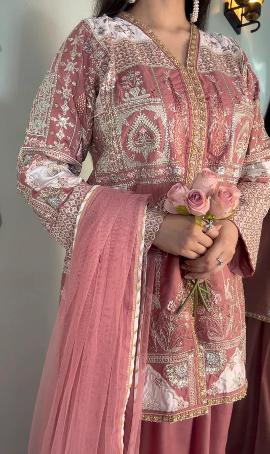 Dusty Rose Embroidered Shirt with Sharara – 3 Pc