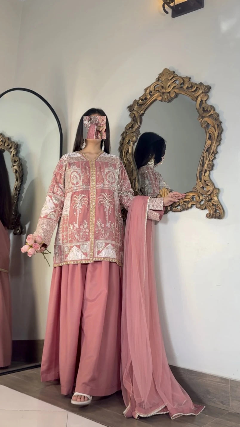 Dusty Rose Embroidered Shirt with Sharara – 3 Pc
