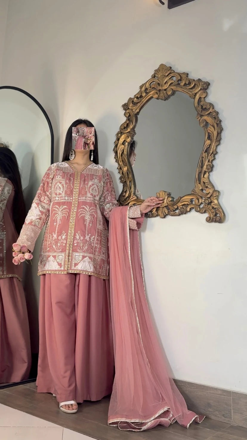 Dusty Rose Embroidered Shirt with Sharara – 3 Pc