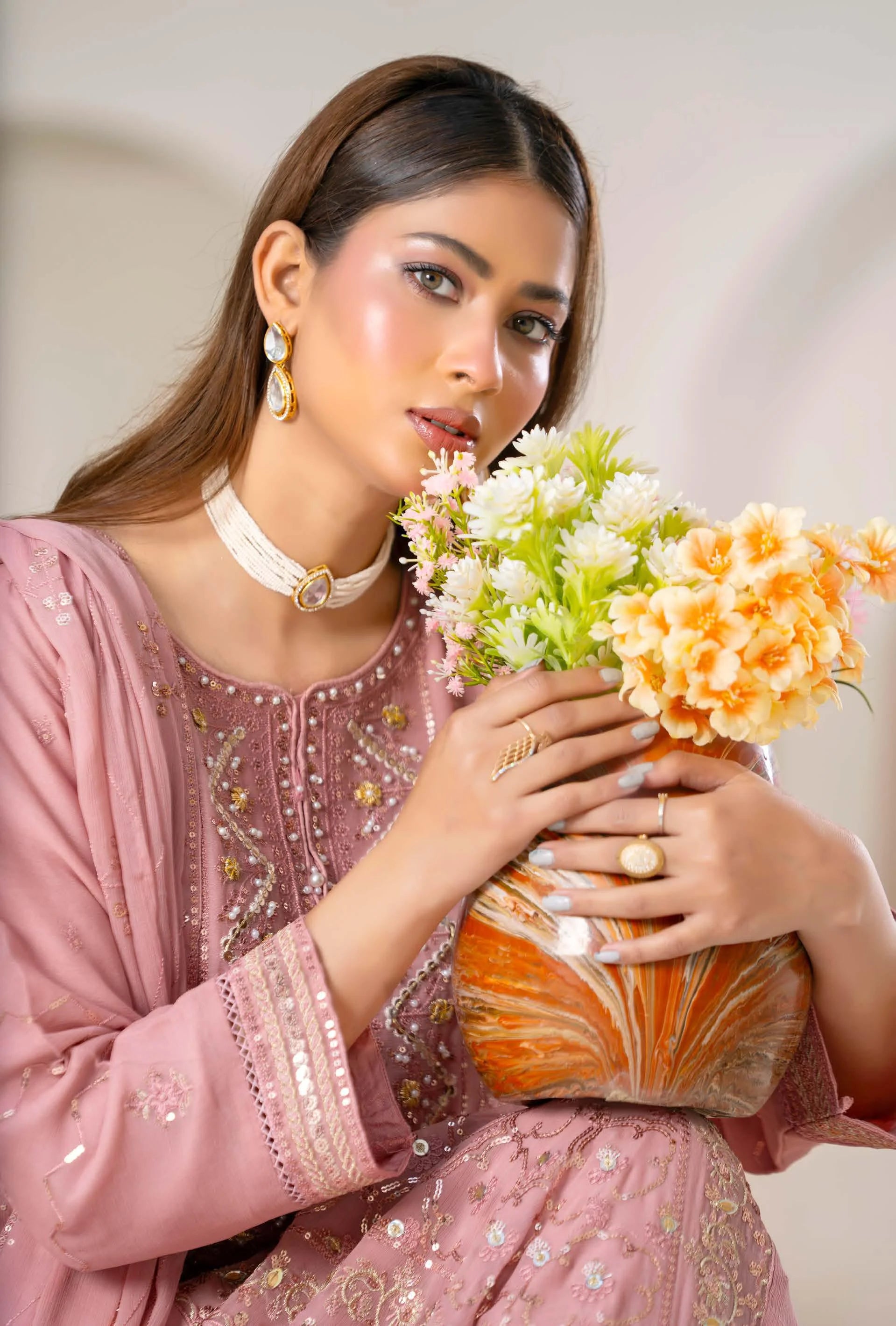 Peach Zarri & Sequin Embroidered Formal Gown – Luxury Wedding & Eid Wear