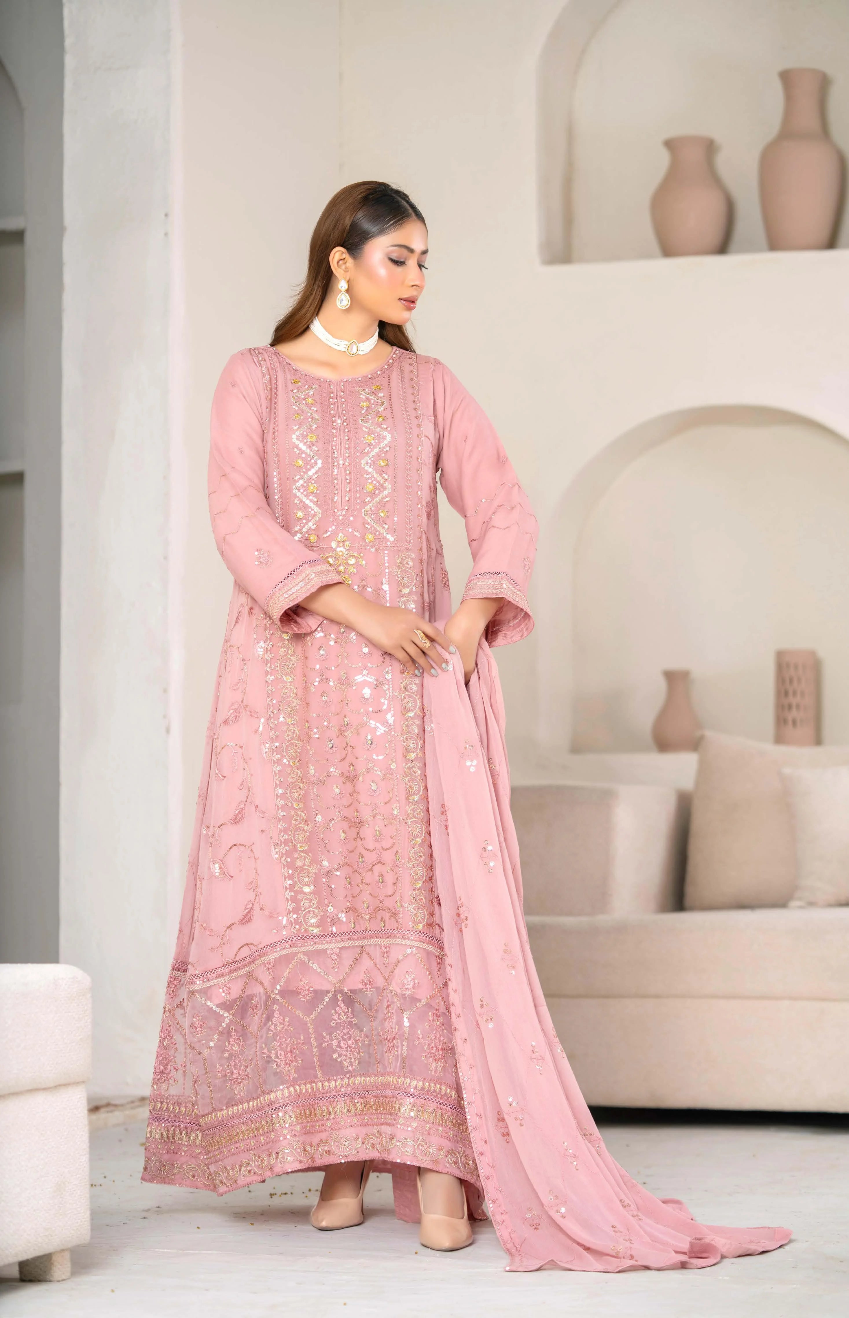 Peach Zarri & Sequin Embroidered Formal Gown – Luxury Wedding & Eid Wear