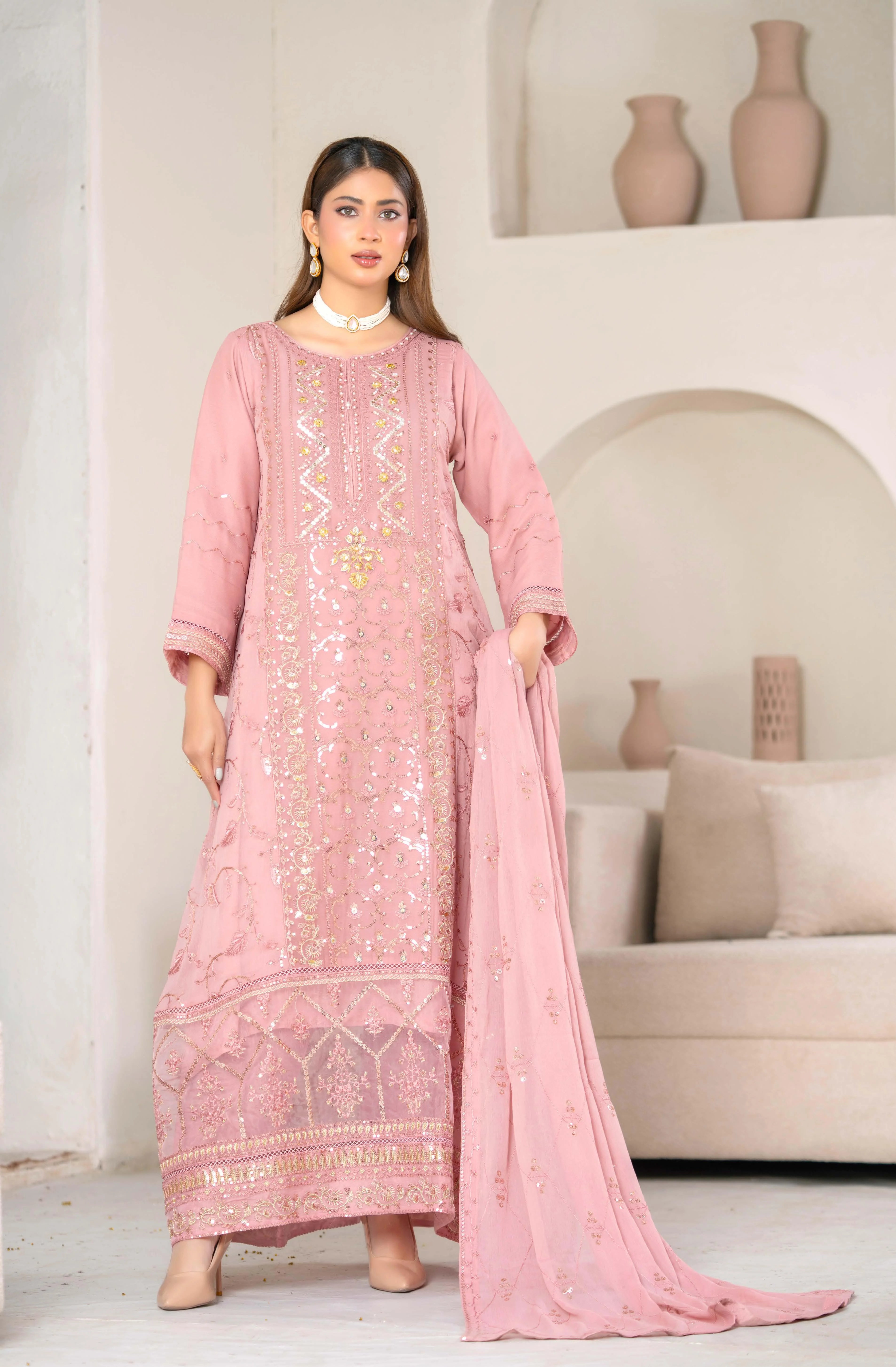 Peach Zarri & Sequin Embroidered Formal Gown – Luxury Wedding & Eid Wear