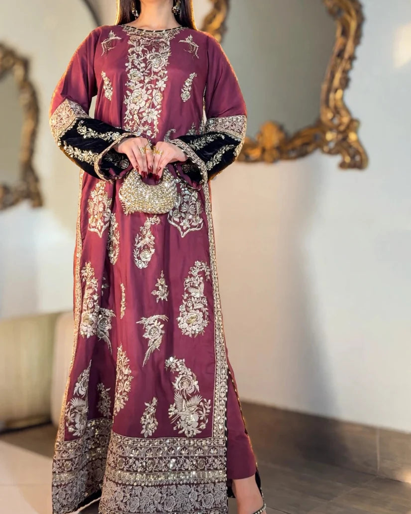 Maroon Embroidered Viscose Kaftan 2 Pcs