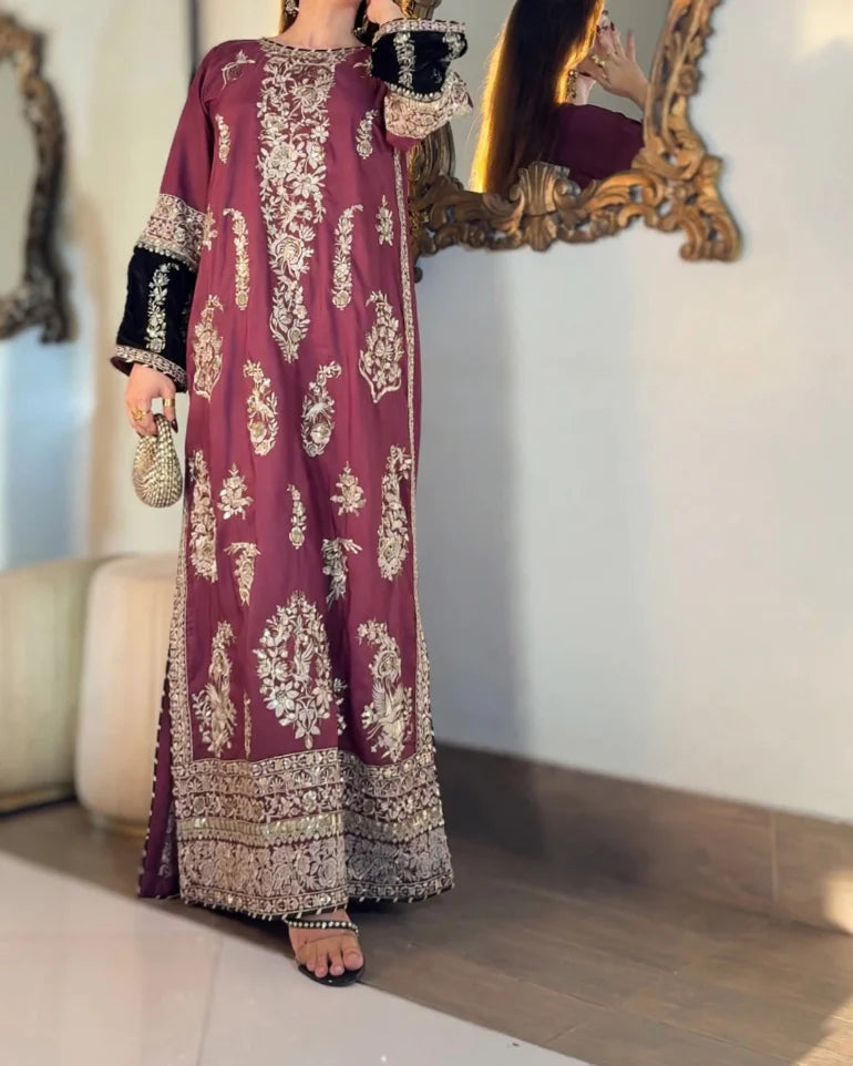 Maroon Embroidered Viscose Kaftan 2 Pcs