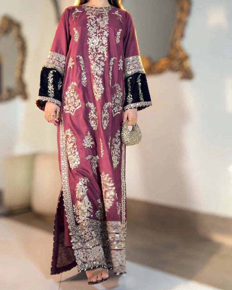 Maroon Embroidered Viscose Kaftan 2 Pcs
