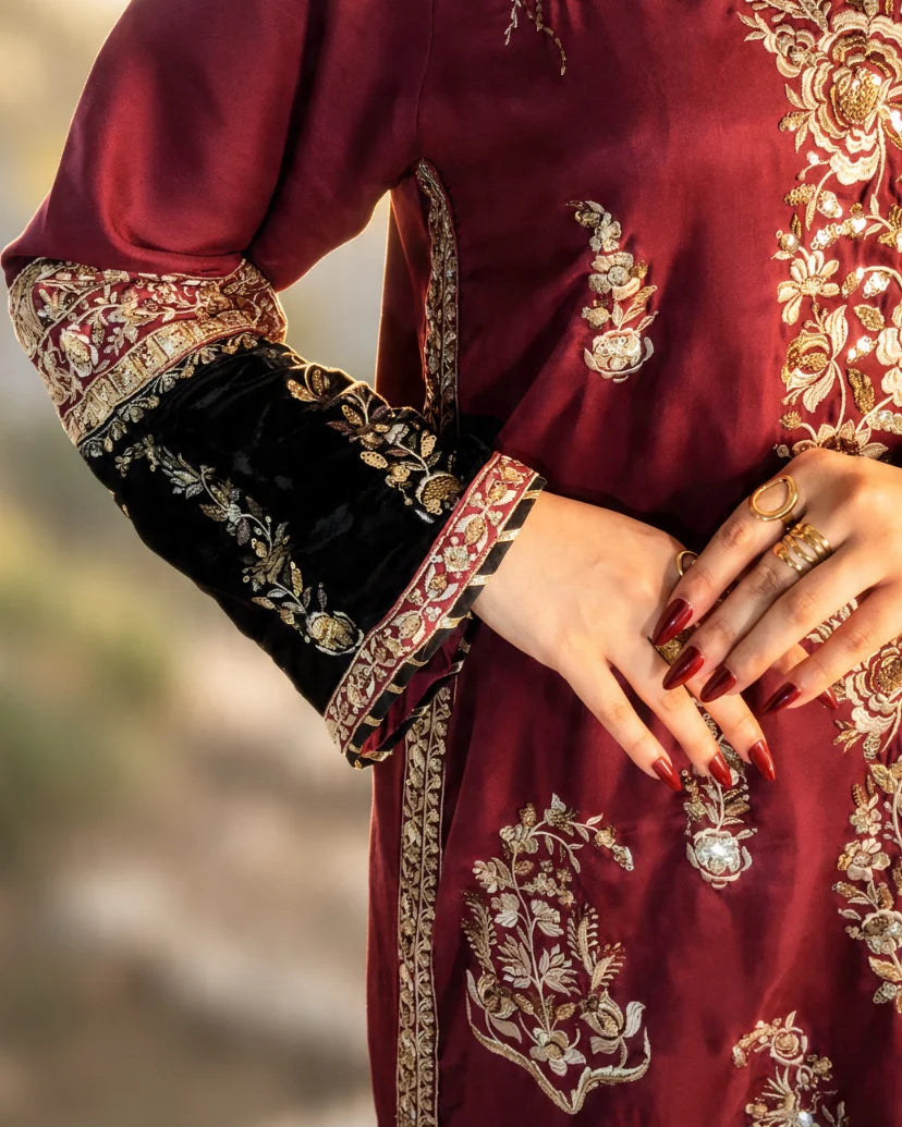 Maroon Embroidered Viscose Kaftan 2 Pcs