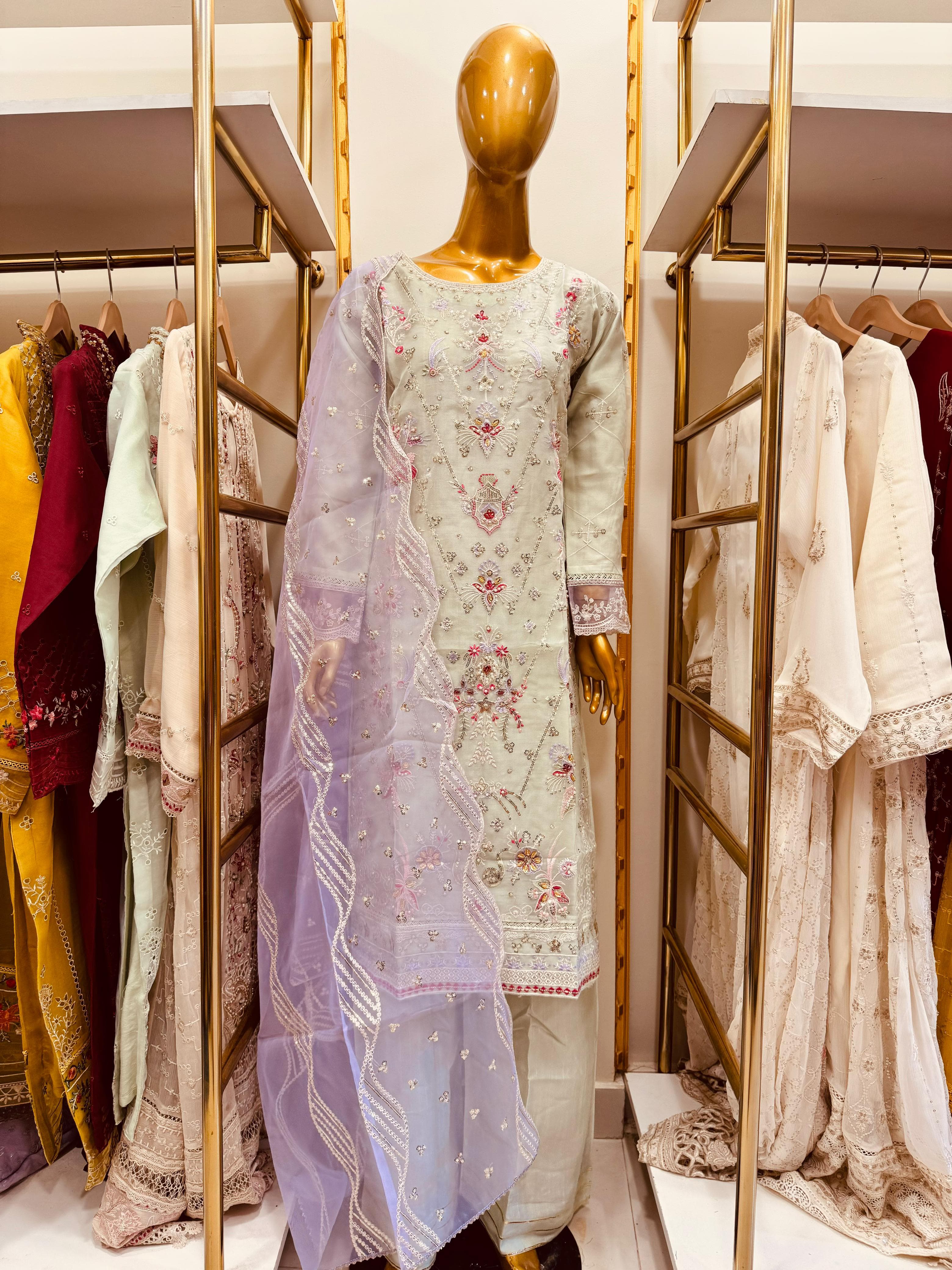 3-Piece Embroidered Organza Suit with Handwork | Designer Festive Set