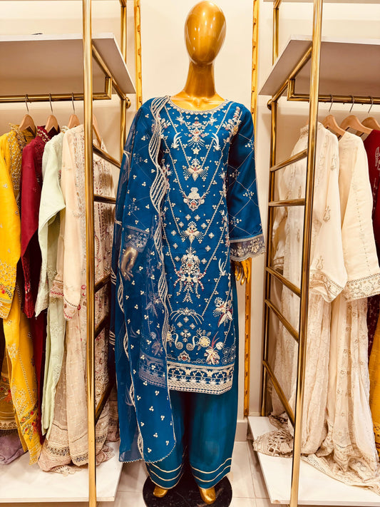 3-Piece Embroidered Organza Suit with Handwork | Designer Festive Set - Fabric Emporium Official