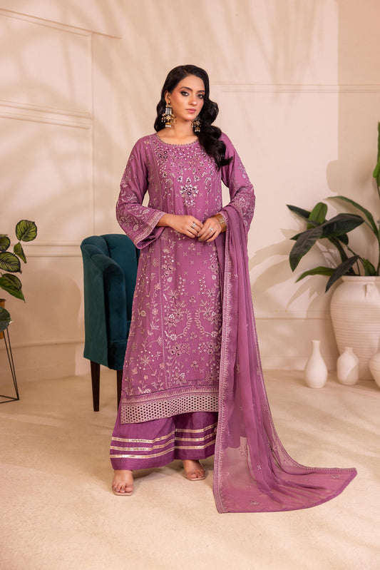 FE578 3Pcs Embroidered Chiffon Suit - Fabric Emporium Official