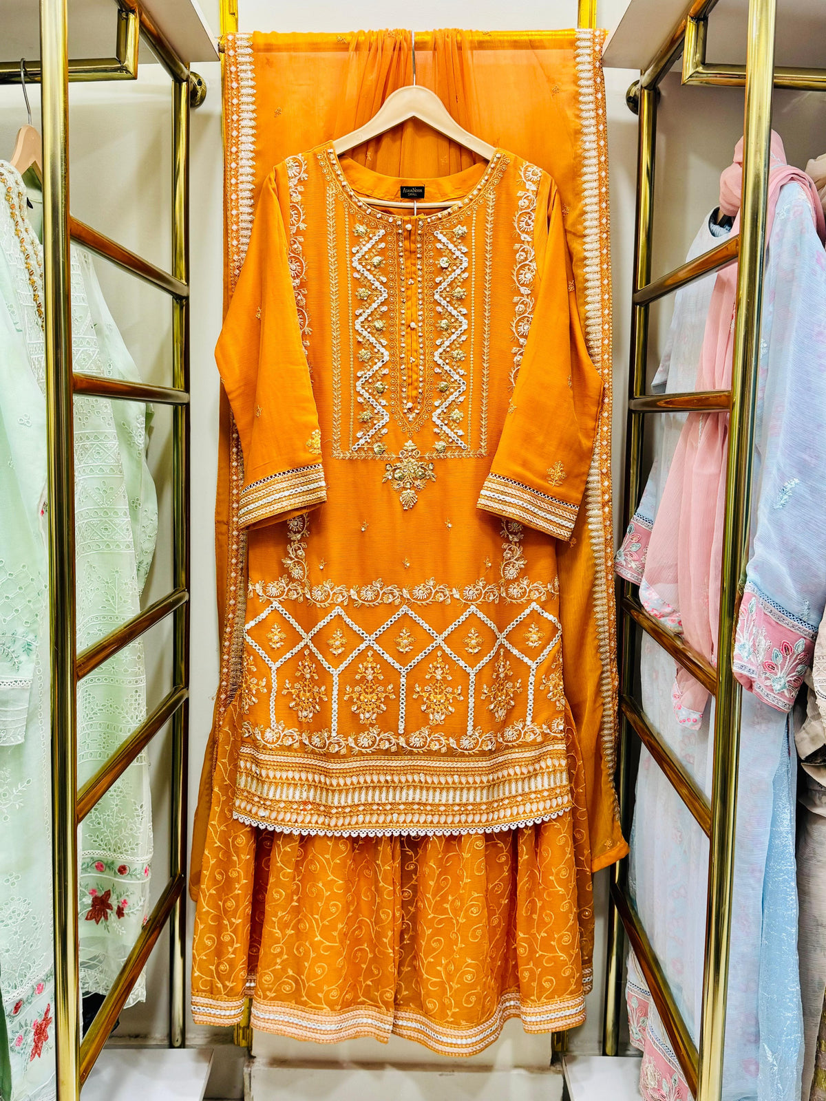 3Pcs Embroidered Chiffon Gharara