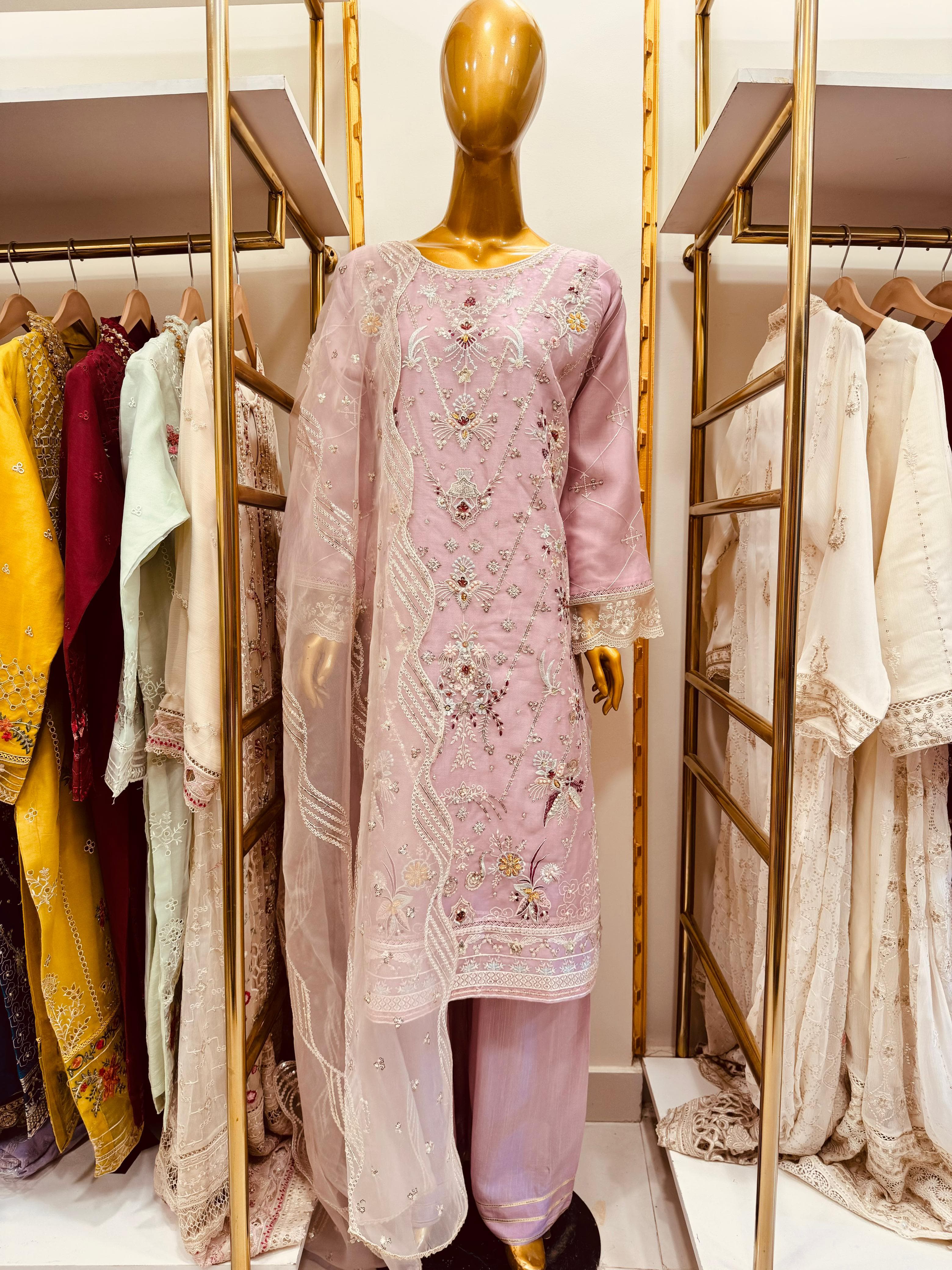 3-Piece Embroidered Organza Suit with Handwork | Designer Festive Set
