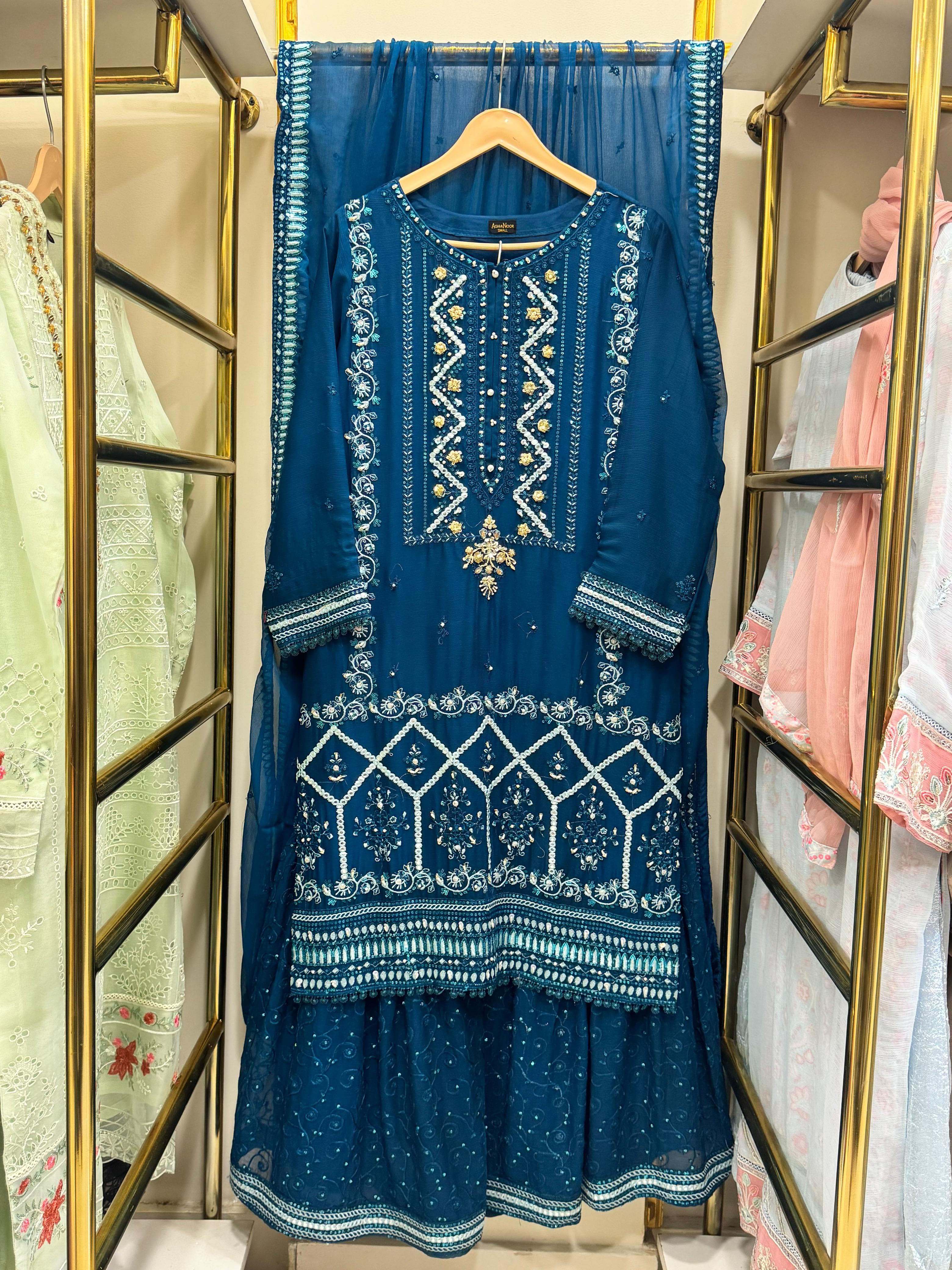 3Pcs Embroidered Chiffon Gharara