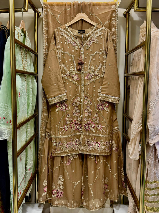 3Pcs Embroidered Chiffon Gharara - Fabric Emporium Official