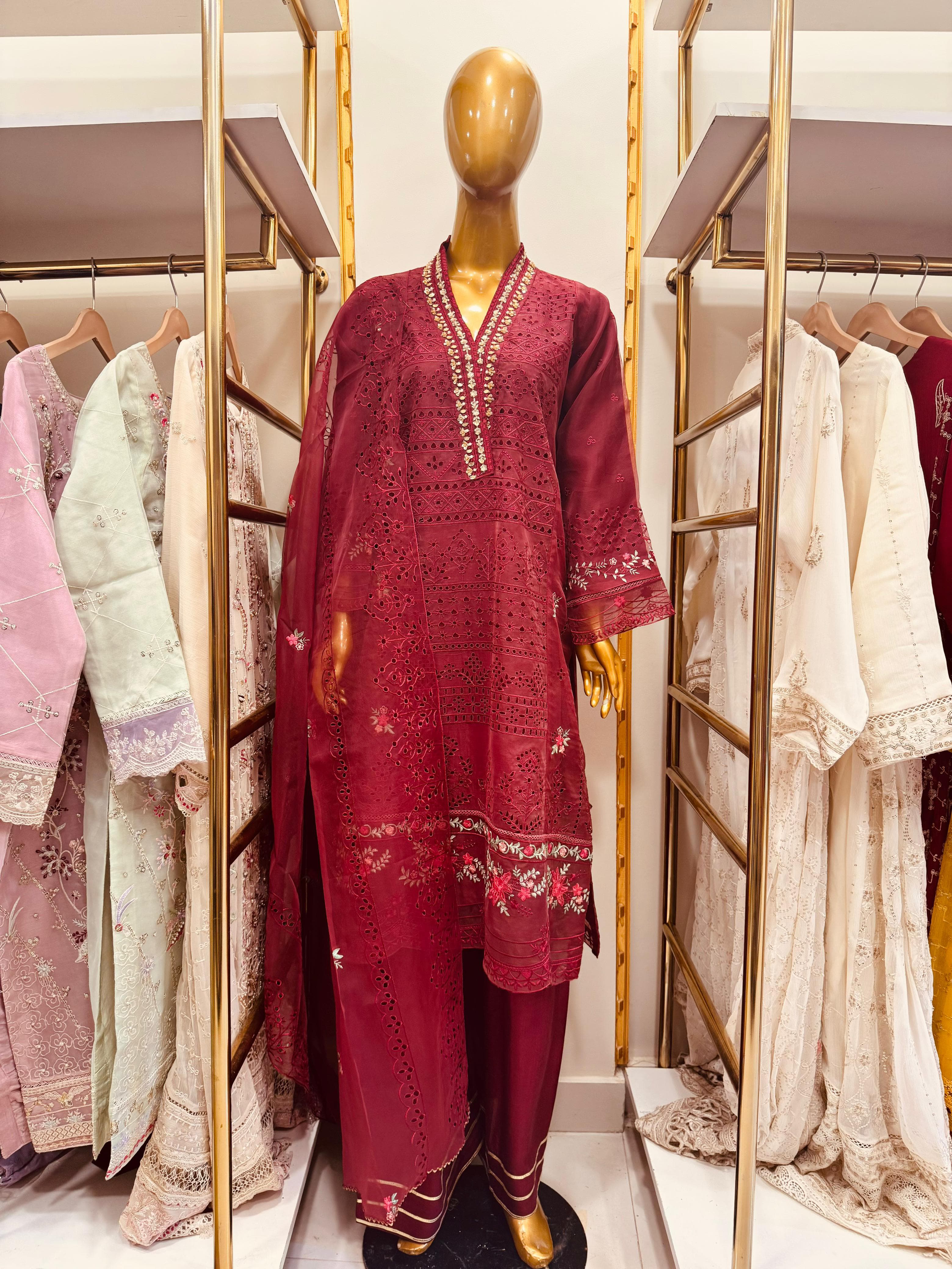 3-Piece Embroidered Organza Suit with Handwork | Elegant Designer Set