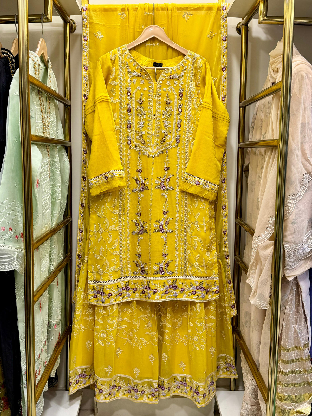 3pcs Embroidered Chiffon Gharara