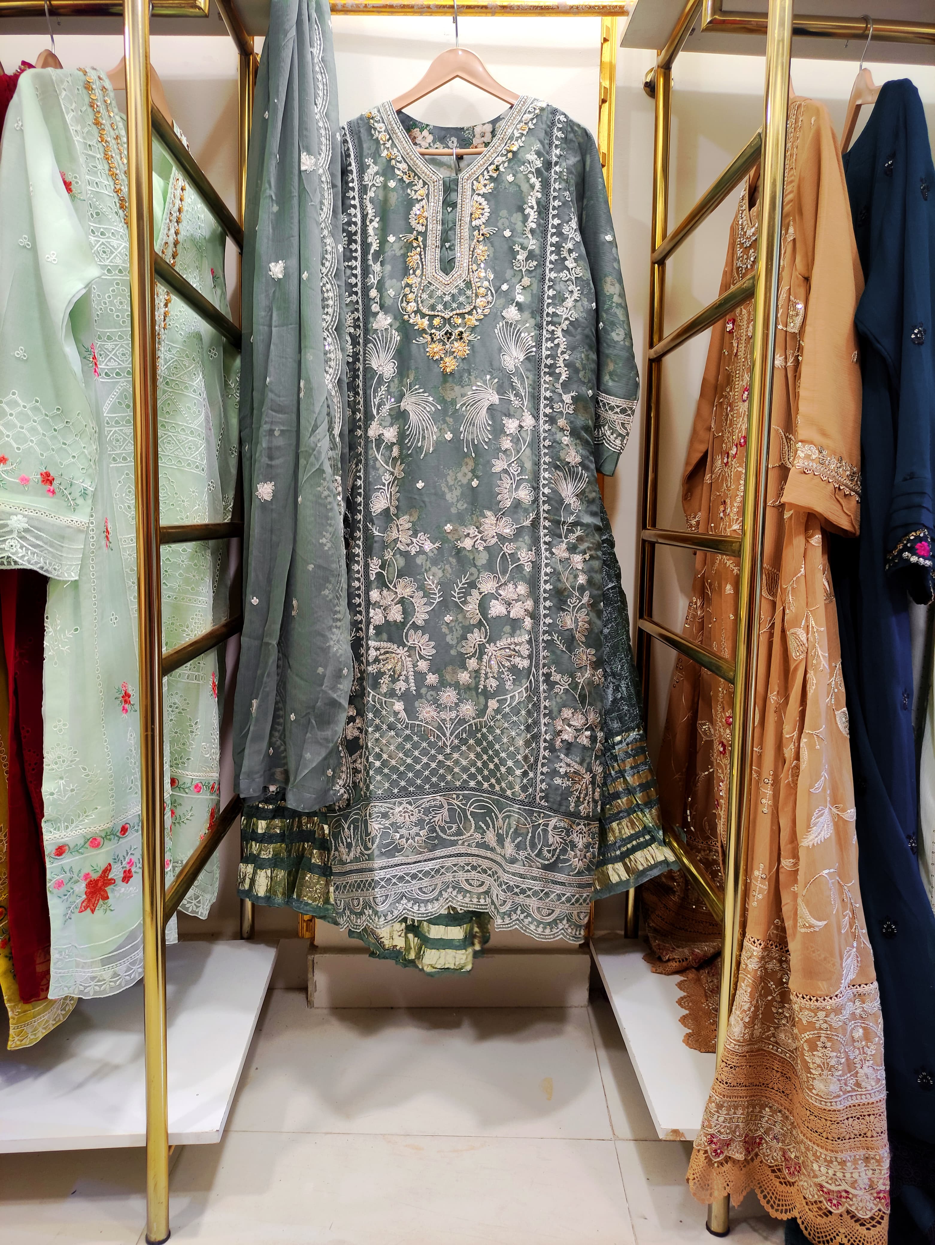 3pcs Embroidered & printed Chiffon Gharara