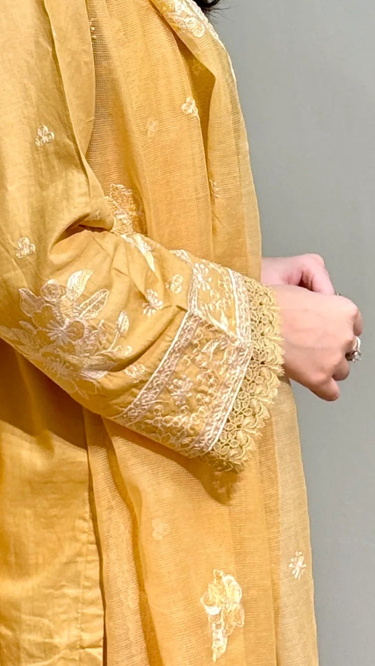 Zarif mustard cotton embroidered kurta dupatta trouser set